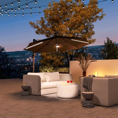 Outsunny 3m LED Cantilever Parasol Dark Grey with Base
