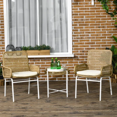 Outsunny Juego de 3 Piezas Sillas y Mesa de Ratán con 2 Sillas 1 Mesa de Centro y Cojines para Terraza Patio Natural