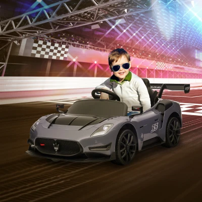 AIYAPLAY Coche Eléctrico para Niños de +3 Años Maserati GT2 con Mando a Distancia Faros LED Bocina Música Ruedas Auxiliares Gris