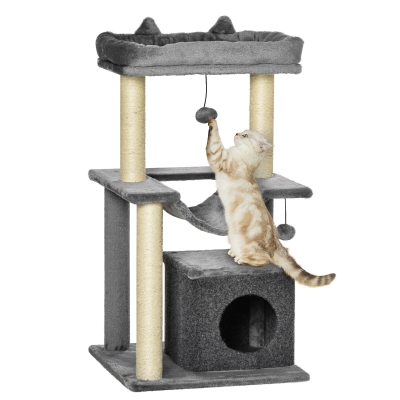 PawHut Árbol para Gatos Altura 90 cm de 3 Niveles con Nido Plataforma Bolas Colgantes y Poste de Sisal 48x48x90 cm Gris