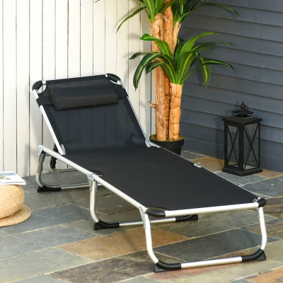 Outsunny Foldable Sun Lounger Aluminium Black with Pillow