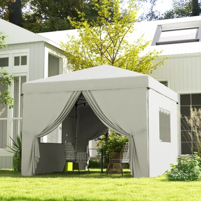 Outsunny Carpa Plegable Pop-Up 3x3 m con 4 Cortinas Laterales 2 Ventanas de Malla Altura Ajustable Impermeable y Anti-UV Blanco