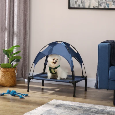 PawHut Haustierbett Outdoor-Hundebett, wetterbeständig, mit Baldachin, 61cm x 46 cm x 62 cm, Blau + Schwarz
