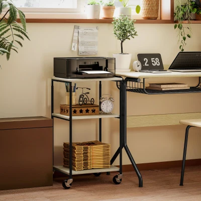 HOMCOM Druckerständer mit 3 Ebenen, höhenverstellbar, Mobiler Druckertisch auf Rollen, für Homeoffice, Metall und Holz