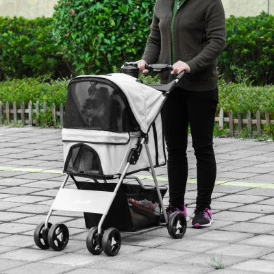 PawHut Carrito para Perros con Toldo Ajustable Cesta de Almacenaje y Ruedas con Freno Tela Oxford 75x46x94 cm Gris