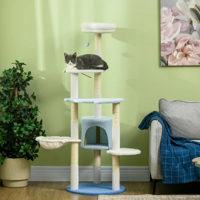 PawHut Árbol Rascador para Gatos Grandes de 155 cm con Postes de Sisal Cueva Cama Hamaca y Bola Ø54,5x155 cm Blanco y Azul
