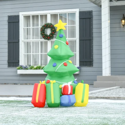 HOMCOM Árbol de Navidad Inflable con Luz LED Hinchable Navideño de Árbol y Regalos Hinchador Incluido 65x75x150 cm Verde