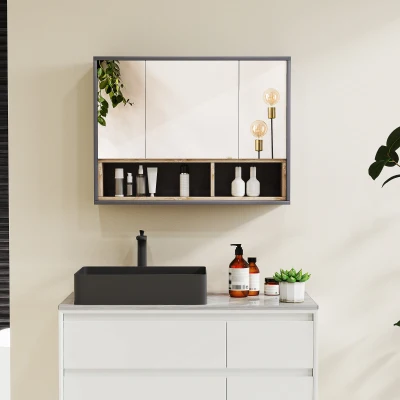 HOMCOM Specchiera Bagno a 3 Ante con Armadietto 80x20x60cm Grigio