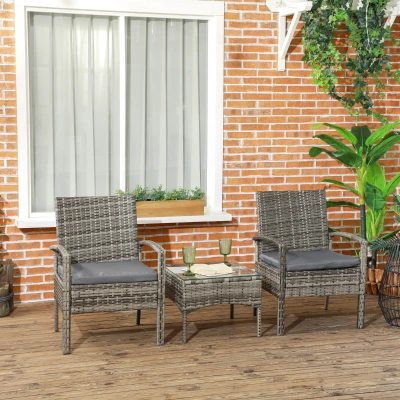 Outsunny Rattan Bistro Set with Glass Top, Mixed Grey