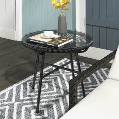 Outsunny Gartentisch Boho-Stil Outdoor Beistelltisch, PE-Rattan, gehärtetes Glas, wetterbeständig, 50 cm x 50 cm x 50 cm, Schwarz