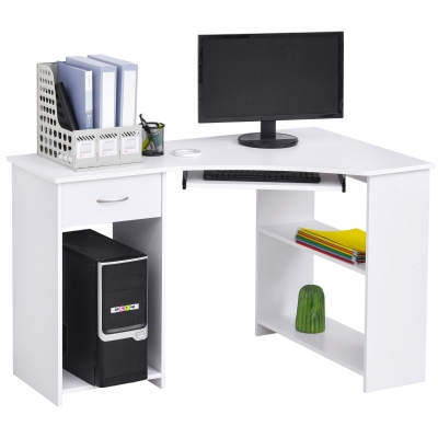 HOMCOM L-Shaped Computer Desk White with Shelves & Drawer