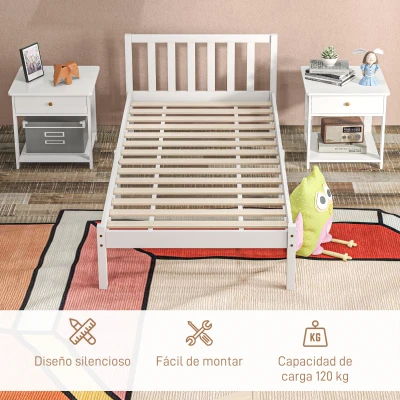 HOMCOM Cama de Madera Somier con Cabecera para Colchón de 90x190 cm (no incluido) Carga 120 kg 198x96x70 cm Blanco(m-5)