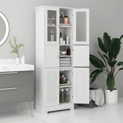 HOMCOM Mueble Auxiliar de Baño con 6 Puertas Estantes Ajustables Antivuelco Armario de Baño Moderno 60x30x170,5 cm Blanco