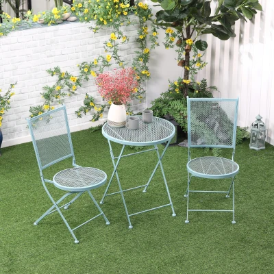 Outsunny Garten Sitzgruppe für 2 Personen Bistro-Set Garnitur 1 Tisch+2 faltbare Stühle für Terrasse Balkon Metall Blau