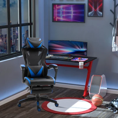 Vinsetto Silla Gaming Ergonómica Silla de Escritorio para Oficina con Altura Ajustable Respaldo Regulable de 170° Almohada Lumbar y Reposapiés Retráctil 65x70x117-125 cm Azul
