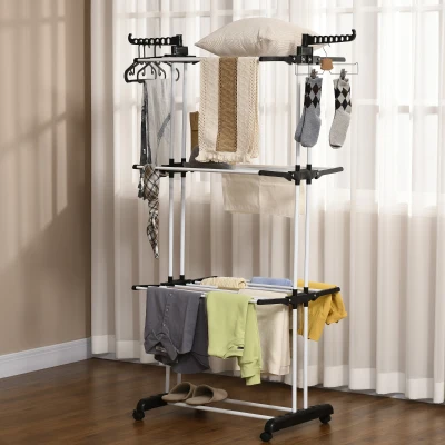 HOMCOM 4-Tier Steel Laundry Rack with Castors Black
