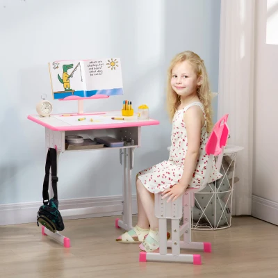 HOMCOM Banco Scuola con Sedia Regolabile Età 6-12 Anni Rosa