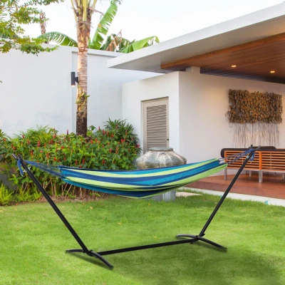 Outsunny Hamaca con Soporte 310x117 cm para Camping con Altura Ajustable y Bolsa de Transporte Carga 120 kg Rayas Verdes y Azules