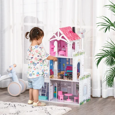 HOMCOM Maison Poupée 3 Étages Rose 13 Accessoires