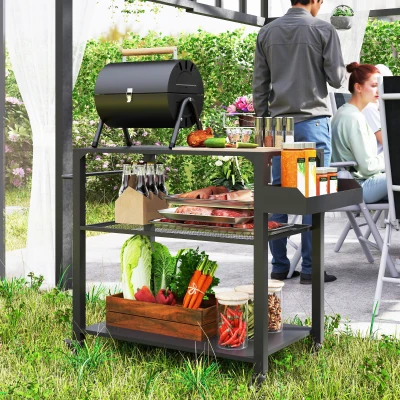 Outsunny Outdoor-Kücheninsel, Grillwagen mit Aufbewahrungsregal, Griff, 4 Rollen, Küchenwagen, Terrasse, Garten, Metall, Schwarz