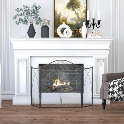 HOMCOM Salvachispas Plegable Pantalla Protectora de Chimenea 3 Paneles con Bisagras y Estructura de Metal Decorativa 108x24x76 cm Negro
