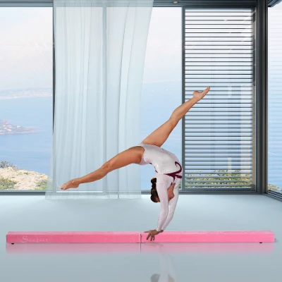 HOMCOM Poutre de gymnastique pliable poutre d'équilibre antidérapante 2,1 m revêtement daim rose