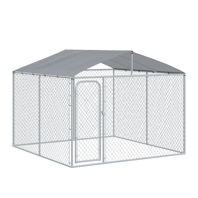 PawHut Jaula para Perros de Exterior con Toldo Anti-UV Impermeable y Marco de Acero para Jardín Patio 300x300x234 cm Plata