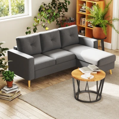 HOMCOM Ecksofa im Skandidesign, mit Knopfheftung, Massivholz, Leinenoptik, Grau