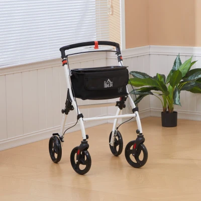 HOMCOM Andador para Personas Mayores Plegable de Aluminio con 4 Ruedas Bandeja Altura Ajustable Frenos de Maneta Blanco