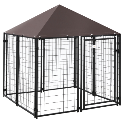 PawHut Perrera de Exterior con Toldo para Mascotas con Malla de Metal y Puerta con Cerradura 141x141x153 cm Negro