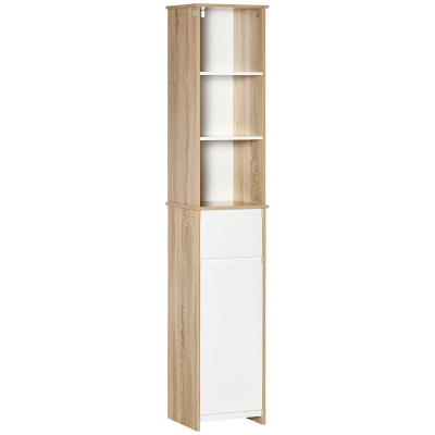 kleankin Badregal Badregal Badmöbel  Badezimmerschrank mit Verstellbares Regal  Hochschrank Standschrank mit 3-stufigen offenen Regal Schrank Schublade Umschlagdesign platzsparend MDF Naturholz+Weiß