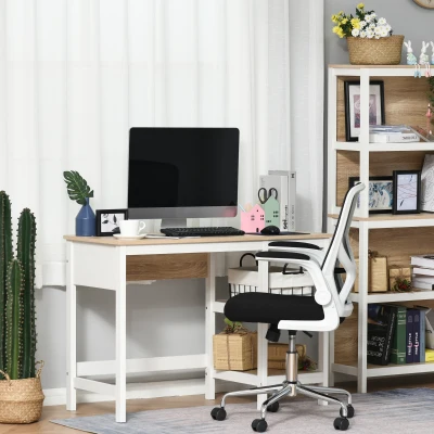 HOMCOM Schreibtisch mit 2 Ebenen Regal, Computertisch, Bürotisch, MDF, Natur+Weiß, 110 x 48 x 76,2 cm