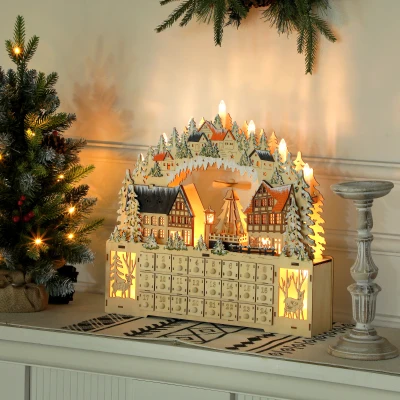 HOMCOM Adventskalender, Weihnachtsdorf, 18 LEDs, 24 Schubladen, wiederverwendbar, 45 x 9 x 42,5 cm