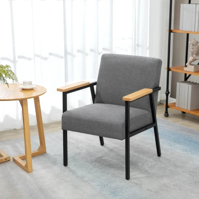 HOMCOM Butaca de Salón Moderna Tapizado en Poliéster con Reposabrazos de Madera para Dormitorio 64,5x70x83,5 cm Gris