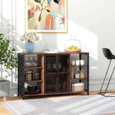 HOMCOM Aparador de Cocina con 6 Estantes Abiertos Porta Copas y Estante Ajustable para Bar Comedor 120x40x76 cm Marrón Rústico
