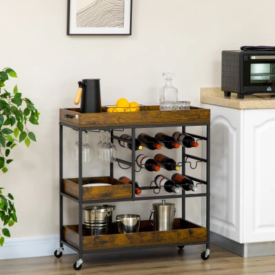 HOMCOM Carrito de Cocina de Estilo Industrial con Ruedas Botellero y Soporte para 6 Copas 86,5x40x91,5 cm Marrón Rústico