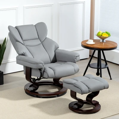 HOMCOM Faux Leather Recliner Chair & Footstool Light Grey
