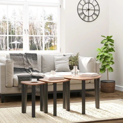 HOMCOM Tables Basses x3 Style Industriel Métal/Bois Noyer