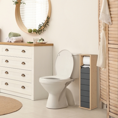 HOMCOM Badezimmerschrank mit höhenverstellbarem Regal Badmöbel mit Tür Toilettenpapier Handtuchhalter versteckter Griff MDF Bambus Braun+Grau 18 x 18 x 75 cm