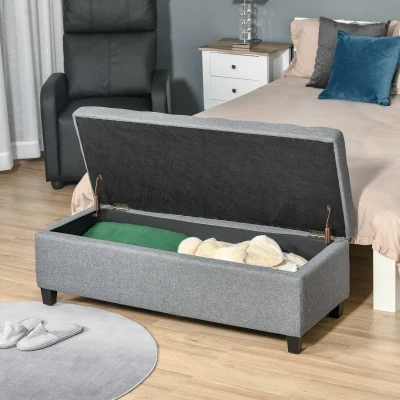 HOMCOM Banco de Almacenamiento Puff de Almacenaje Taburete Tapizado en Lino con Tapa Abatible para Entrada 125x49x41,5 cm Gris