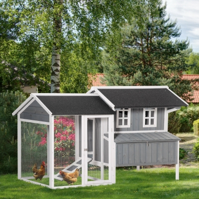 PawHut Gallinero de Madera Exterior Jaula para 2-3 Gallinas con Corral de Alambre Nido Techo Asfáltico Bandeja Extraíble 2 Perchas y Rampa 209,5x96x123 cm Gris Azulado