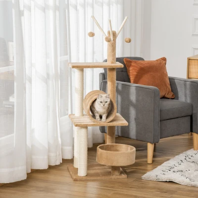 PawHut Cat Tree Tower 121cm Scratching Post Bed Brown