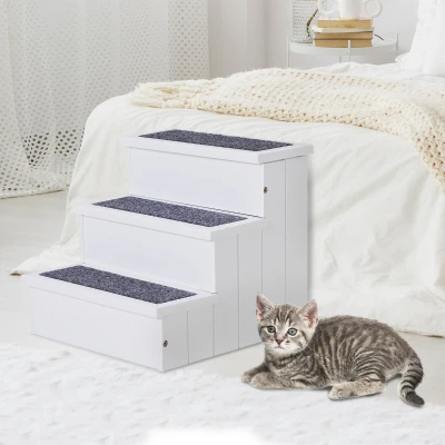 PawHut Hundetreppe 3 Stufen Katzentreppe Haustiertreppe Hundetreppe für Hunde und Katzen Tiertreppe Einstiegshilfe mit Teppich Stauraum für Sofa Bett Tannenholz Weiß 40,5 x 44,5 x 38 cm