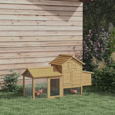 PawHut Gallinero de Madera para Exterior Jaula para 2-3 Gallineras con 2 Corrales de Alambre Techo Abrible Caja Nido Bandeja Extraíble y Rampa 150,5x54x87 cm Natural