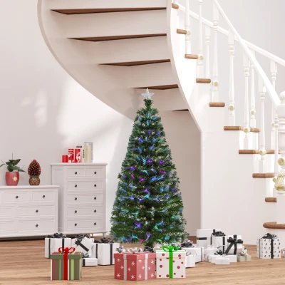 HOMCOM Árbol de Navidad 150cm Artificial Árboles con 180 Luces LED multicolor y Estrella Decorativa Brillante Árbol con Soporte Fibra Óptica