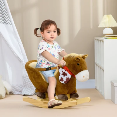 HOMCOM Caballo Balancín Infantil con Sonidos de Animal Cinturón de Seguridad Manillar y Reposapiés Carga 40 kg 60x33x50 cm Café