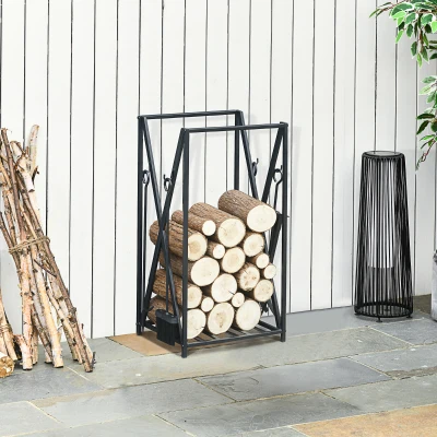 HOMCOM Estante de Leña para Chimenea 46x30x76 Soporte para Leña cm con 4 Herramientas Incluidas Marco de Acero Estable Carga 100 kg para Exterior e Interior Negro