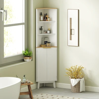 HOMCOM Tall Bathroom Storage Cabinet, Slim Bathroom Storage Unit with Doors and Adjustable Shelves, Freestanding Bathroom Cabinet with Curved Profile Design, White