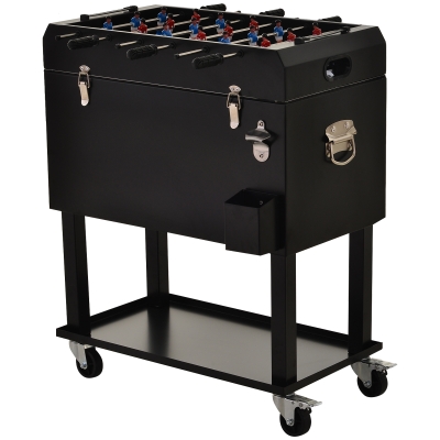 Outsunny Kühlbox mit Tischkicker, 2-in-1, 65L Weinkühler, Tischfußball, Kühlwagen mit 4 Rollen, Metall Schwarz 71 x 59,5 x 85 cm