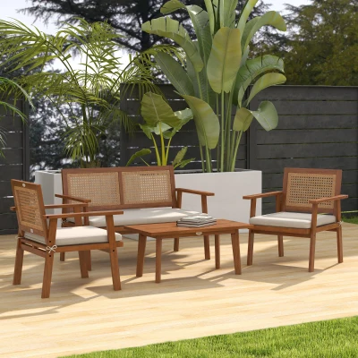 Outsunny Salon Jardin 4Pcs Bois Acacia Résine Tressée